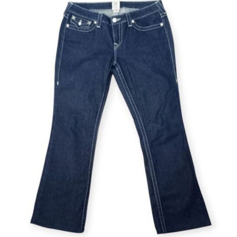 True Religion Indigo Becky Bootcut Rhinestone Flap Pocket Jeans Sz.32 EUC.